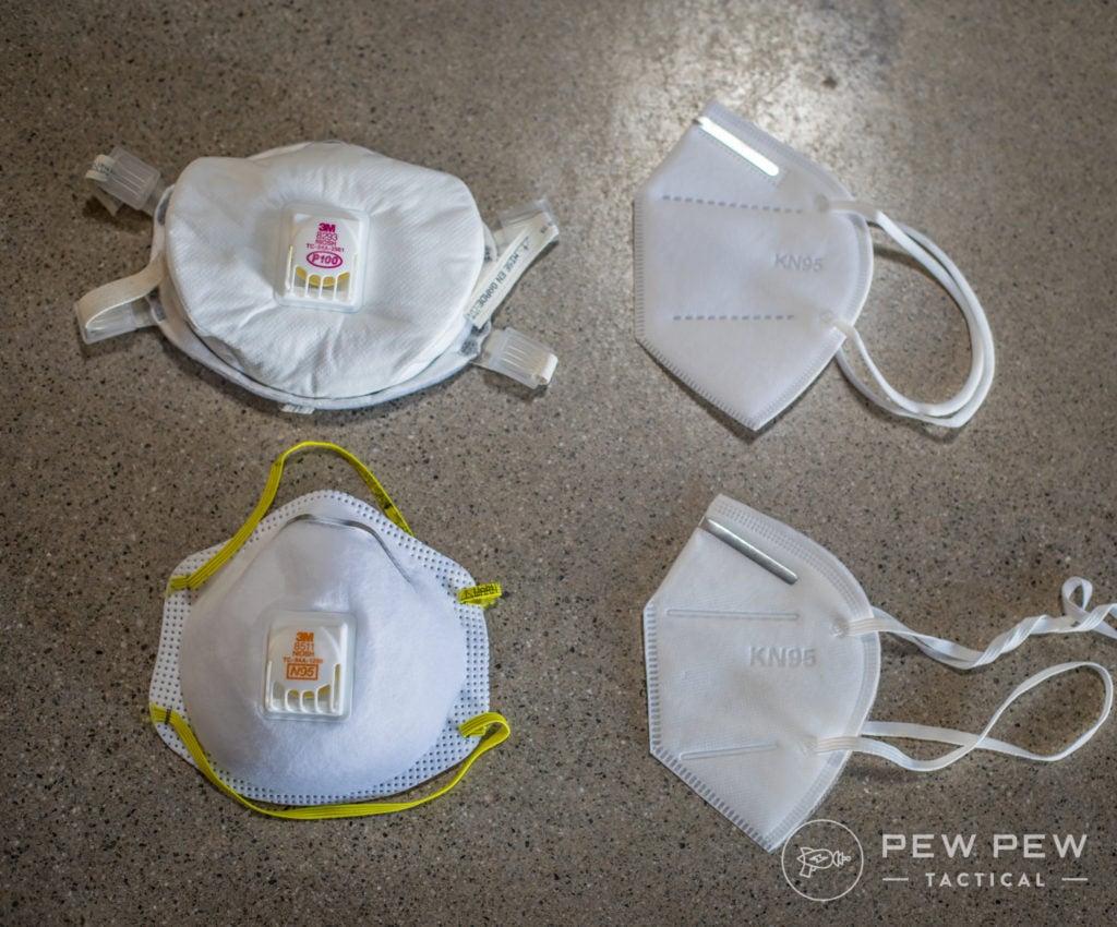 Respirators, (clockwise from top right) KN95, KN95 (fake), N95, P100