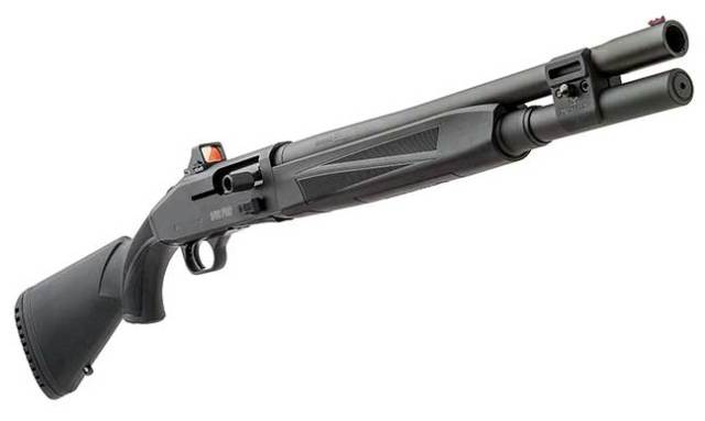 Mossberg 940 Tactical Pro 12 gauge shotgun with Holosun red dot optic, quartering to