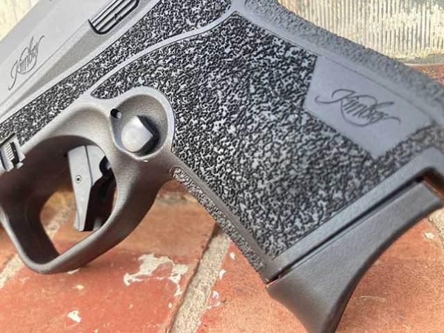 Grip view of the Kimber R7 Mako 9mm semi-automatic handgun showing the aggressive stippling