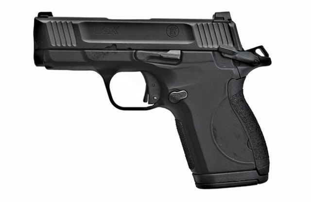 Smith and Wesson CSX 9mm handgun left profile with the hammer back and safety engaged