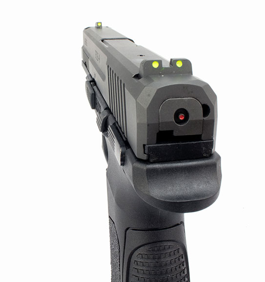 Yellow three dot sight picture on the FXS-9 handgun