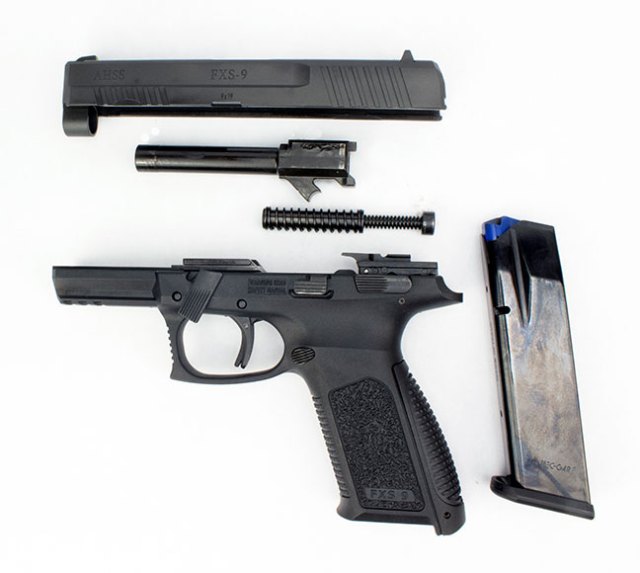 Field stripped FXS-9 9mm handgun