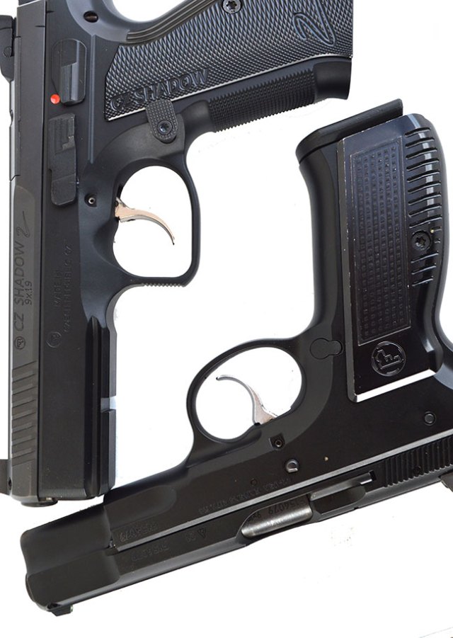 square trigger guard on the CZ Shadow 2 versus the rounded guard on the CZ 75