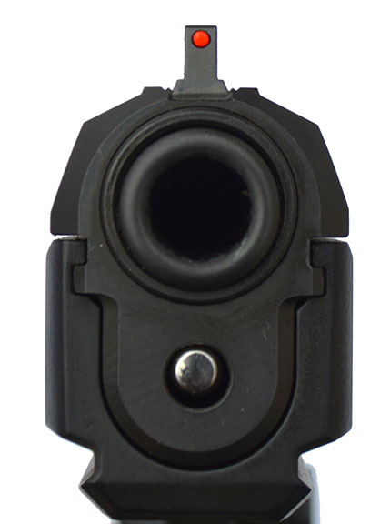 muzzle view of the CZ Shadow 2 9mm handgun showing the slide-to-frame fit