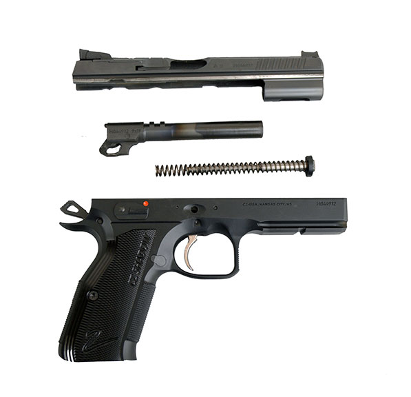 field stripped CZ Shadow 9mm semi-automatic pistol, right profile