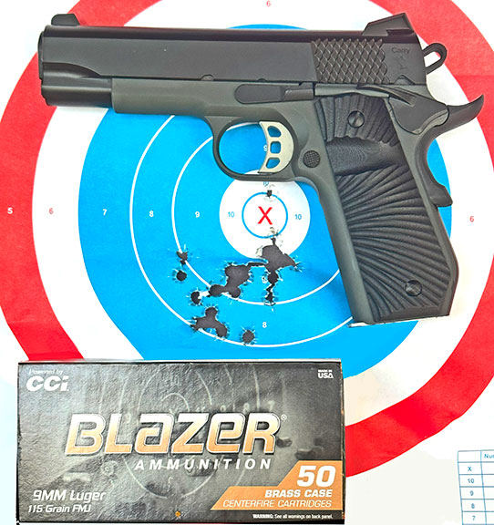 Tisas 1911 Stingray Carry 9mm semi-auto pistol on. paper target showing the grouping with a box on Blazer 9mm 115-grain ammunition