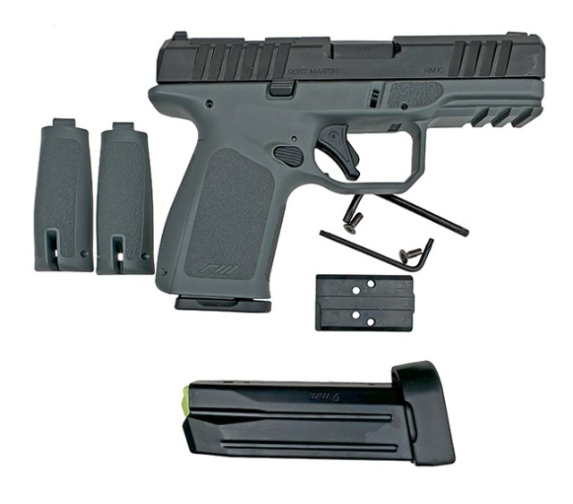 Rost Martin RM1C 9mm semi-automatic handgun with additional backstraps, spare magazine, and optics mounting plate