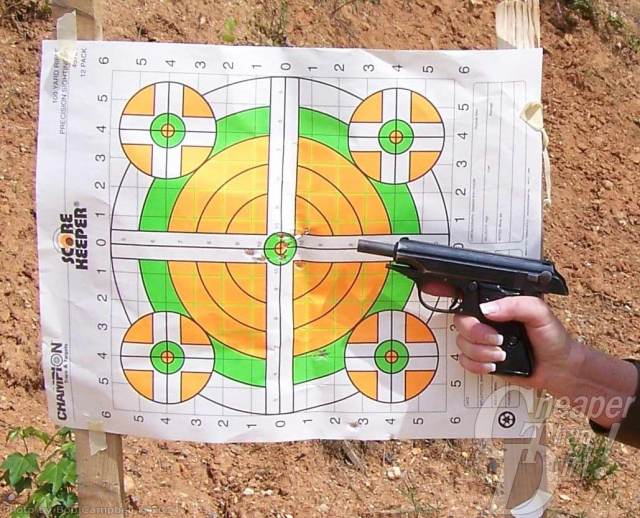 Hand holding a Walther Pistol pointed at a green and orange target