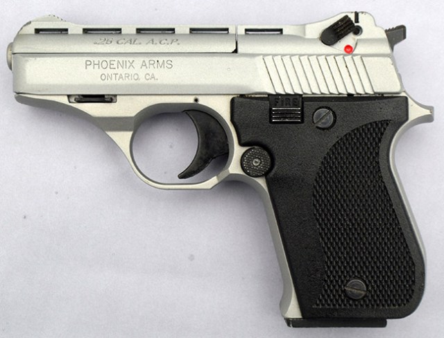 Phoenix Arms .25 ACP semi-automatic handgun, left profile