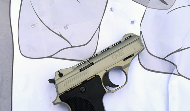 Phoenix Arms .25 ACP semi-automatic pistol on a paper anatomy target