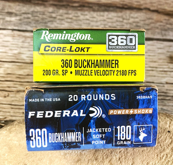 .360 Buckhammer ammunition boxes from Remington and Federal