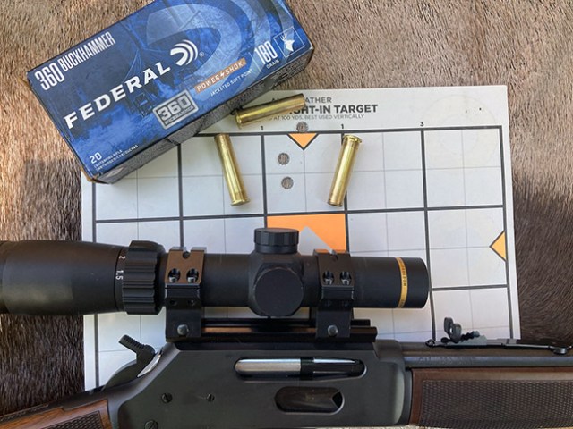 Paper sight-in target for the Henry Steel Lever Action rifle chambered in .360 Buckhammer with a box of Federal 180-grain ammunition