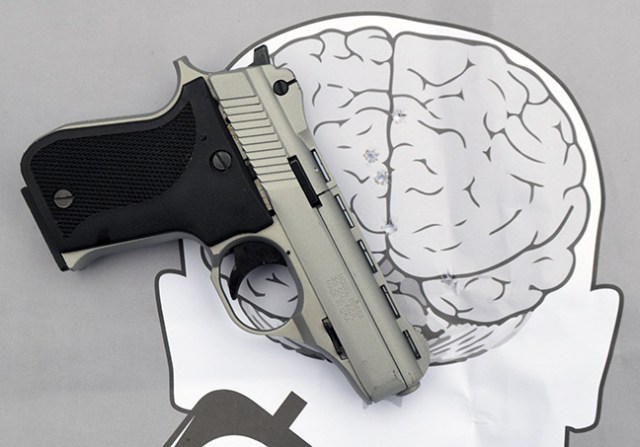 Paper cranial target showing a group from a Phoenix Arms .25 ACP semi-automatic handgun