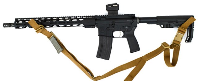 Radical Firearms RF15 semi-automatic rifle with Blue Force Tactical sling and SIG Romeo 5 red dot sight, left profile