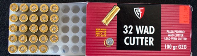 Box of .32 caliber 100-grain wadcutter ammunition