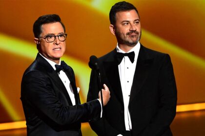 Stephen Colbert emerges from cancellation to urge Emmy voters to select Jimmy Kimmel over own show