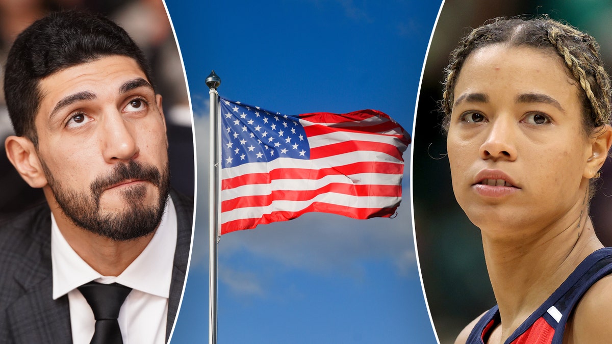 Three way split of Enes Kanter Freedom, an American Flag and Natasha Cloud