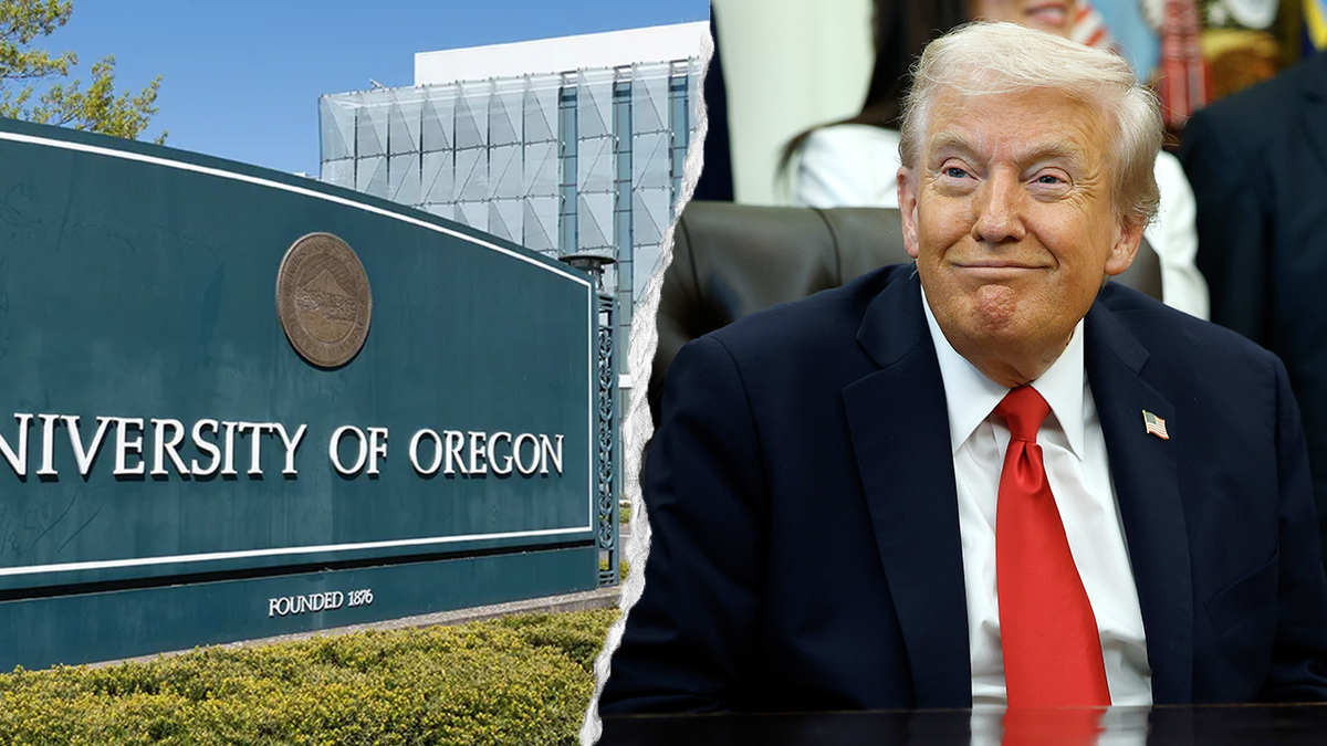 A split image of University or Oregon and President Donald Trump