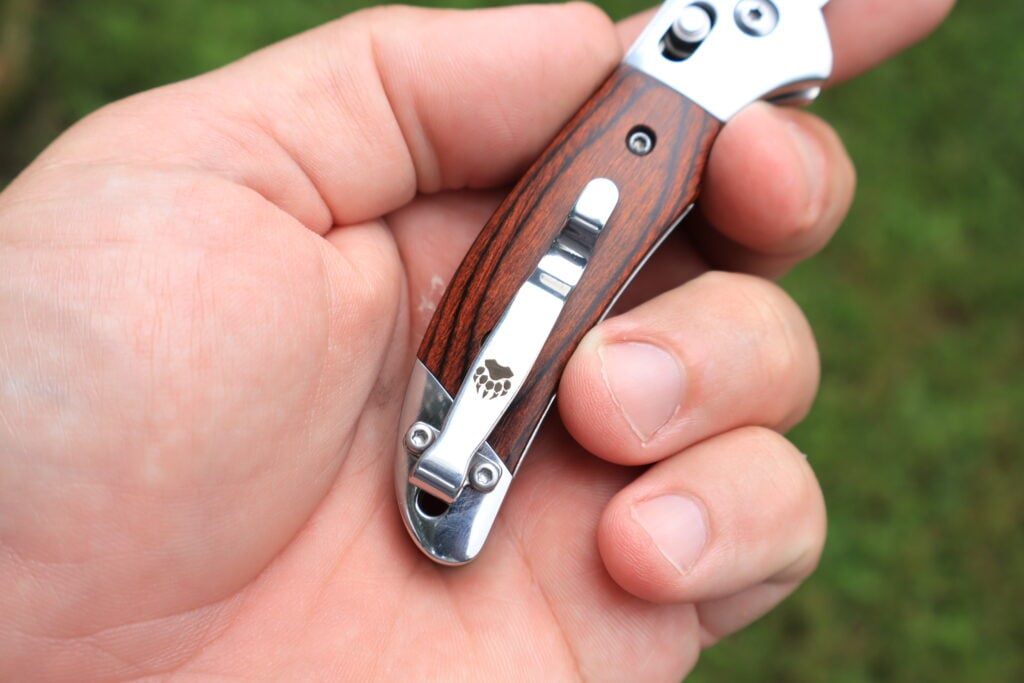 bear & son slidelock folder knife clip and rosewood scale