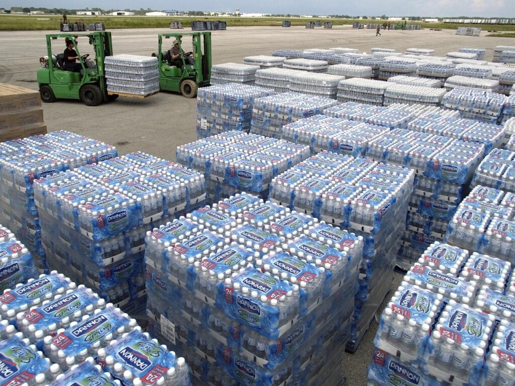 bottled water on pallets