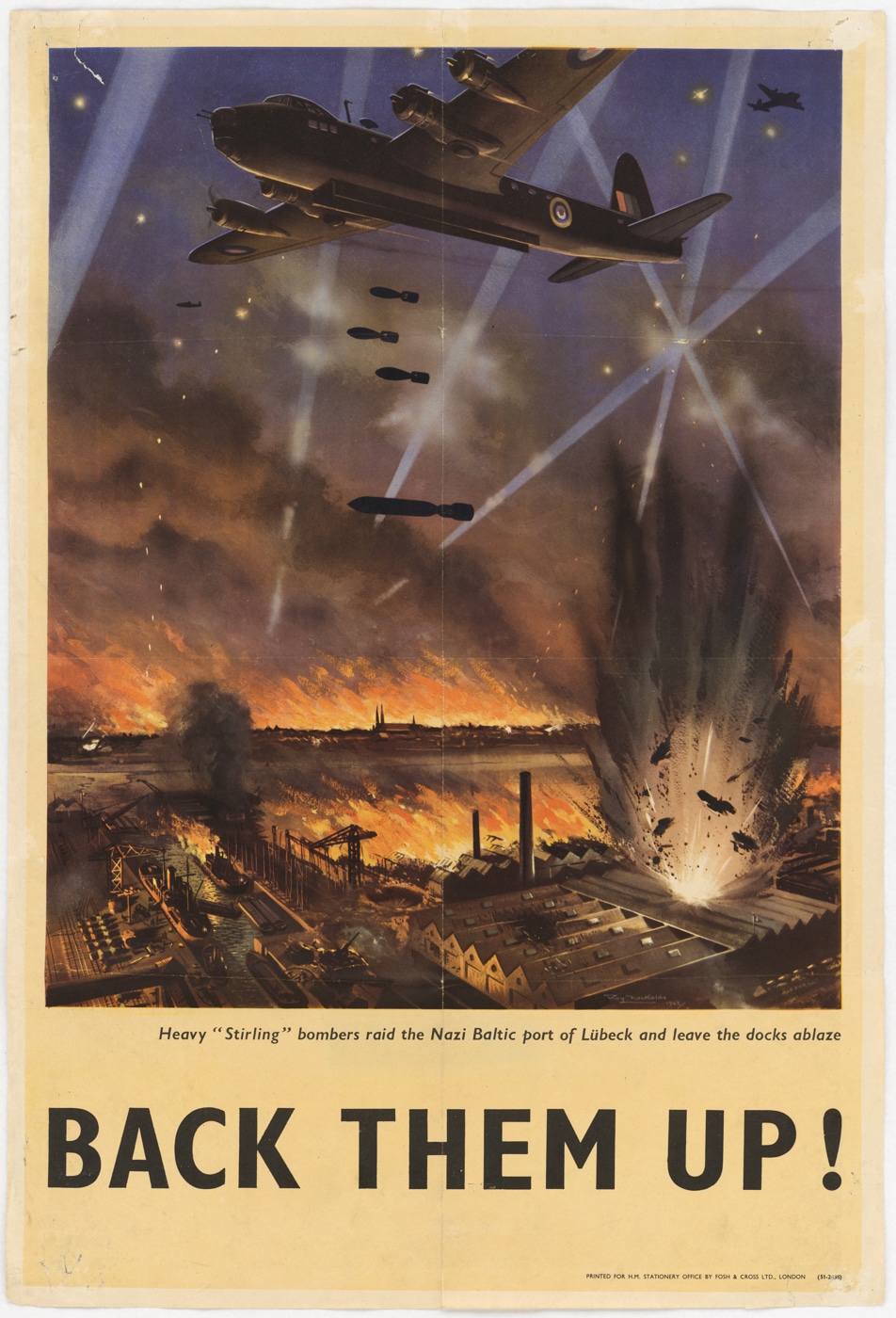 British World War II poster showing Short Stirling bombers raiding German port Lübeck