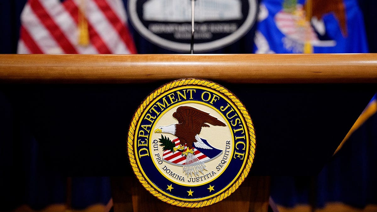 Close up of the DOJ podium.