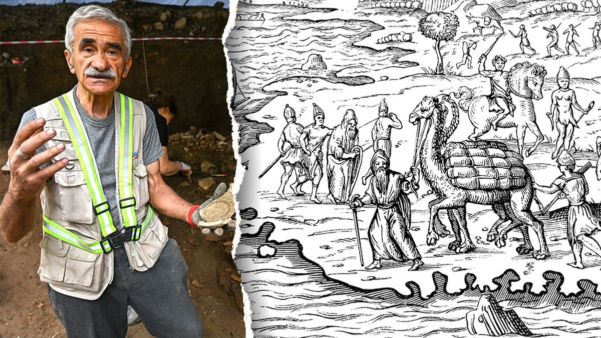 Man holding pottery next to depiction of Silk Road