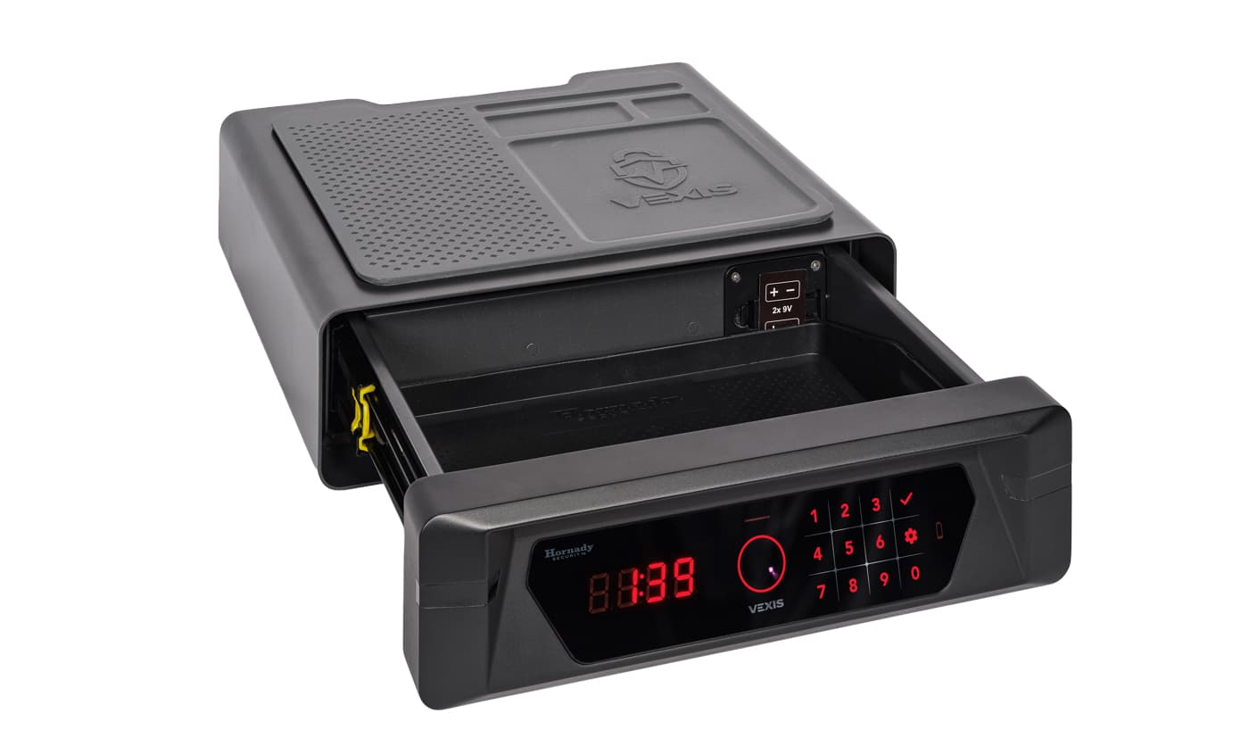 Hornady Vexis safe with drawer open showing the size of the interior for storing a handgun and other contents