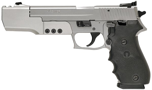 Silver and black handgun with textured grip, trigger guard, and slide, featuring iron sights.
