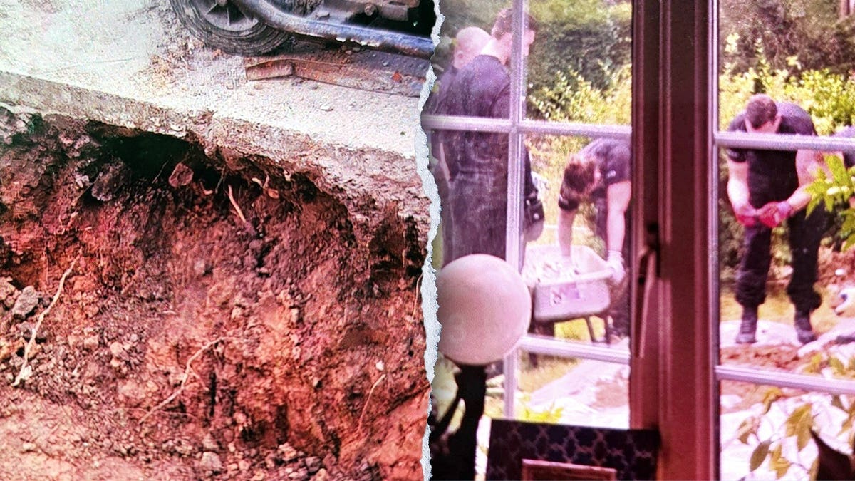 Split image of opened backyard, police officers investigating