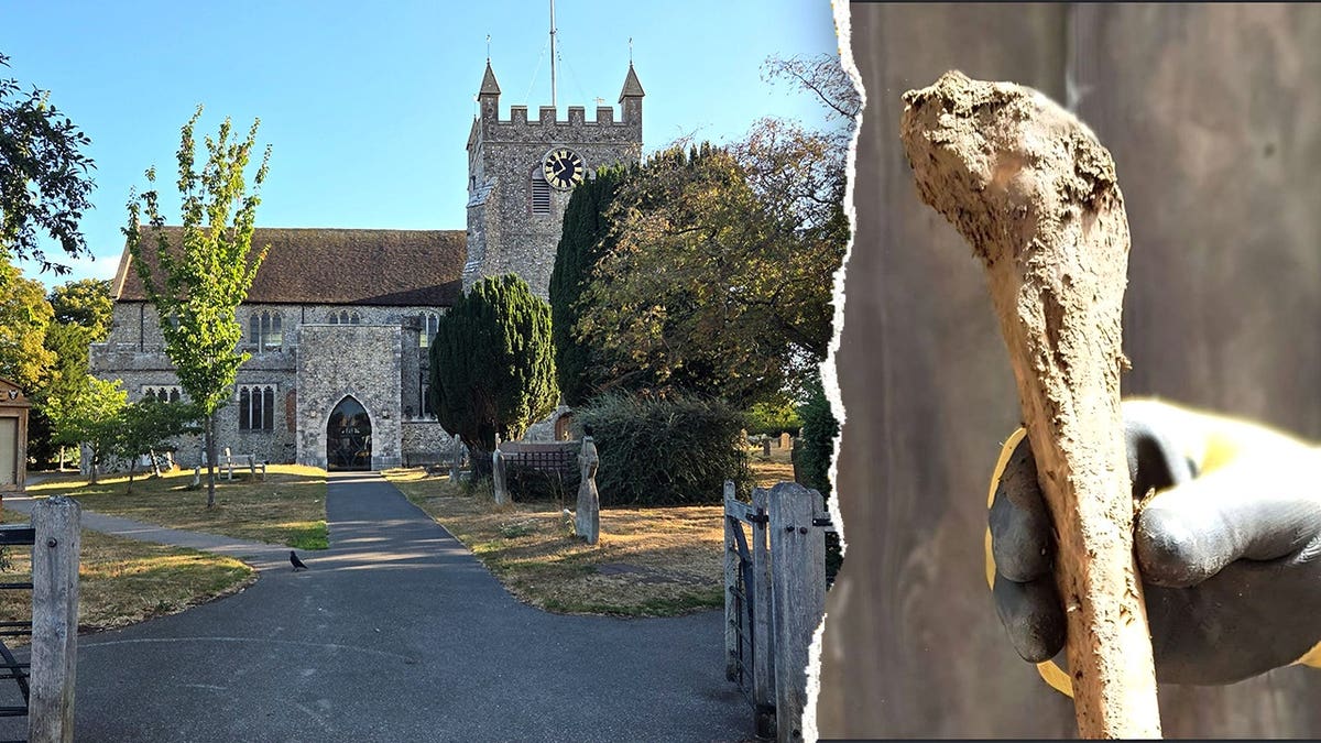 Split image of church, unearthed bone