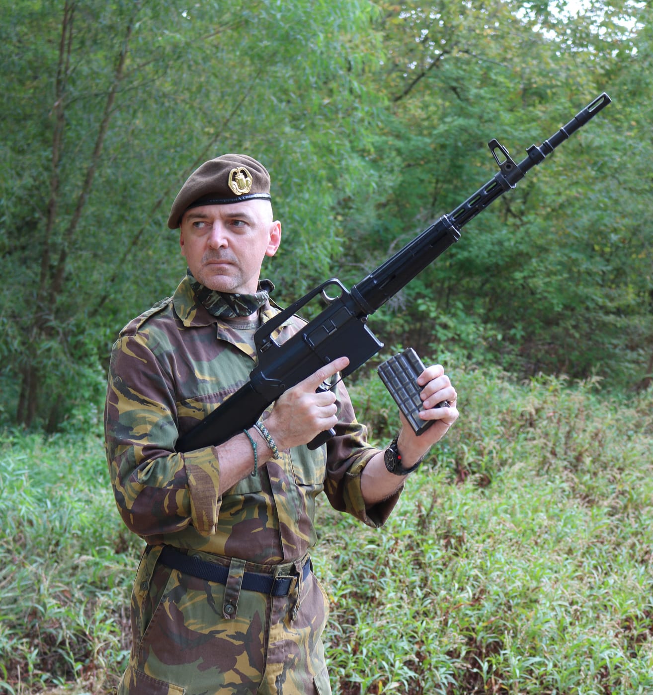 Will Dabbs with replica of an original AR-10 rifle