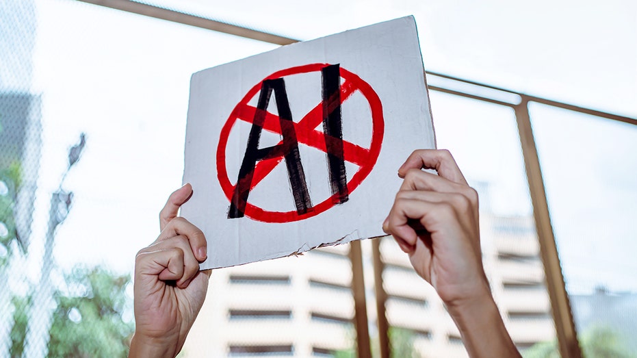 Hands hold an AI protest sign