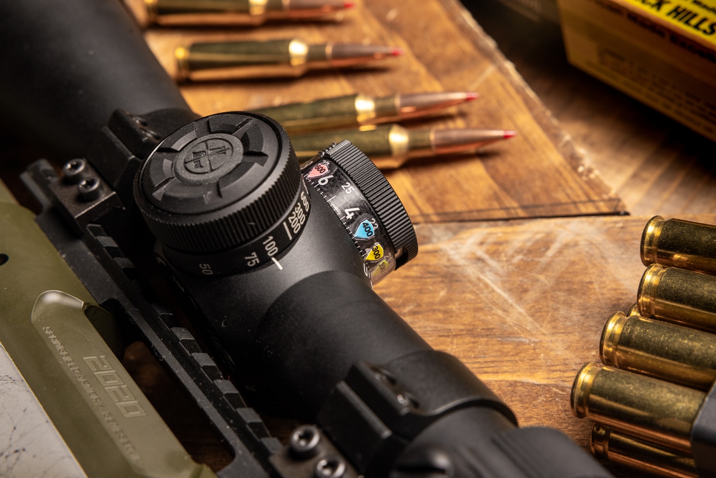 close up on the elevation turret with scope turret stickers