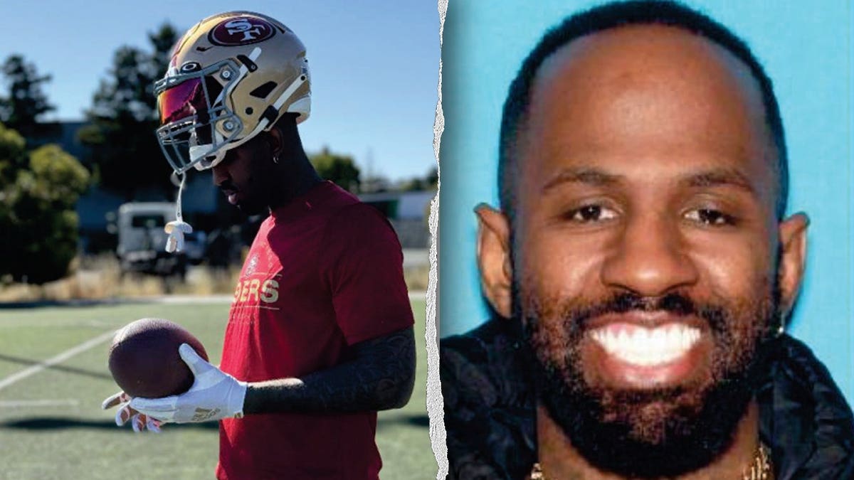 Daejon Labrayae Love wearing San Francisco 49ers football gear and holding a football beside a close-up portrait, as featured in an FBI wire-fraud affidavit.