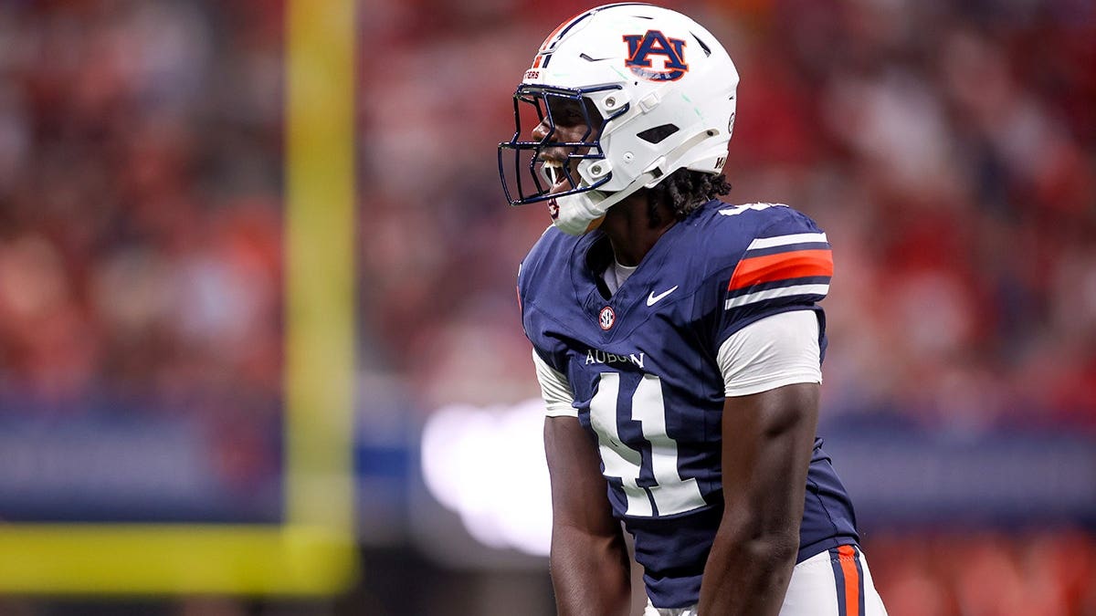 Darrion Smith, Auburn Tigers defensive lineman, celebrates after a stop against Baylor.