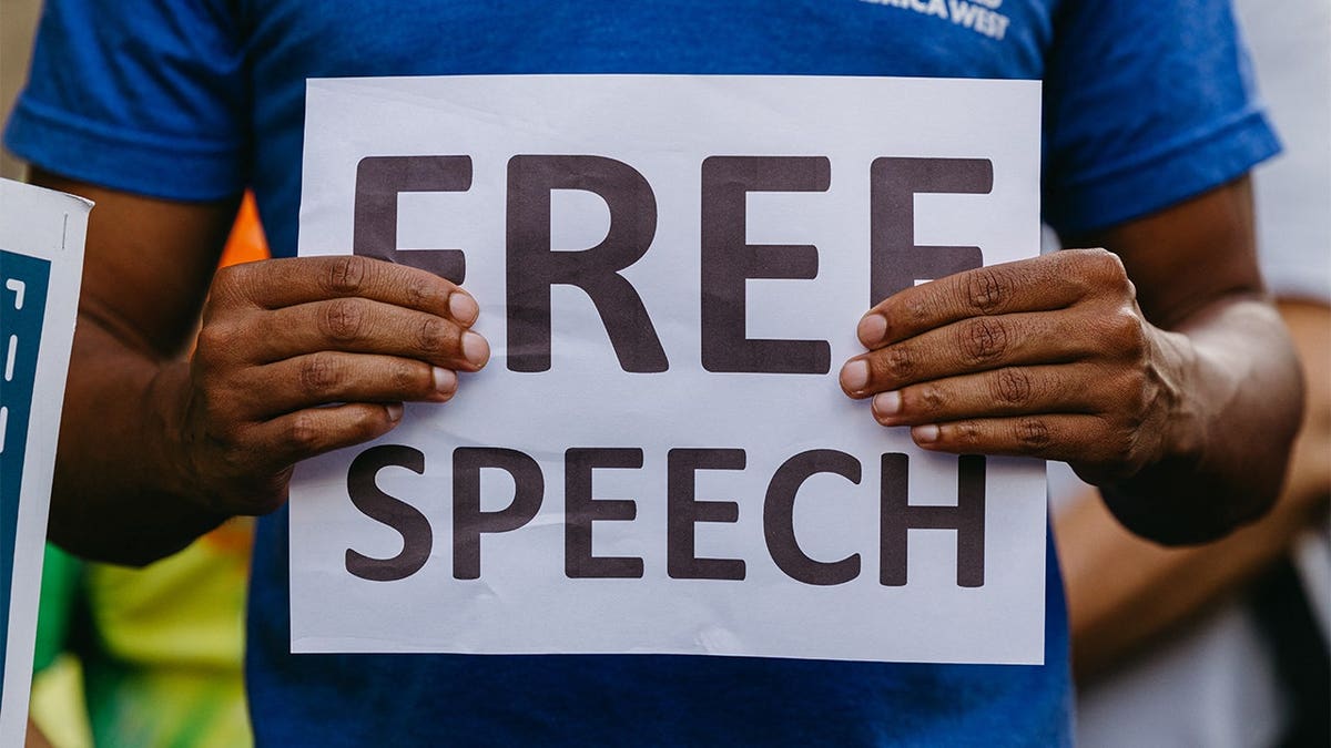 Demonstrator holding a sign reading Free Speech outside the El Capitan Theatre in Hollywood, Calif.