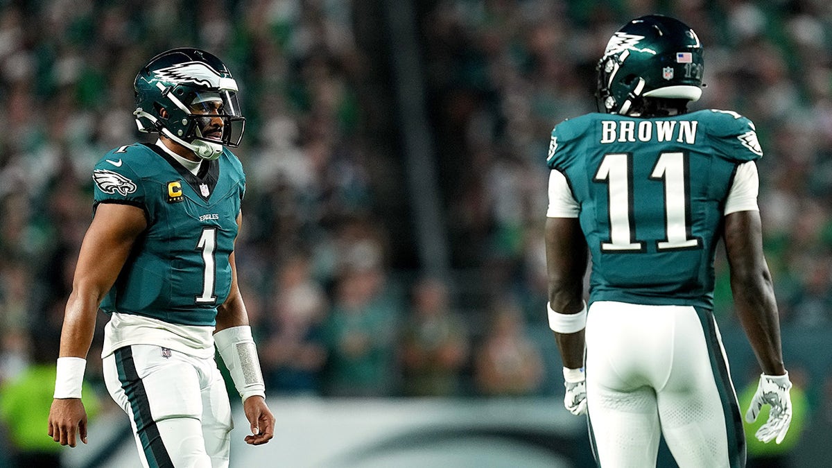 Jalen Hurts and A.J. Brown of the Philadelphia Eagles look on against the Dallas Cowboys during the second quarter in the game at Lincoln Financial Field on Sept. 4, 2025 in Philadelphia, Pennsylvania.