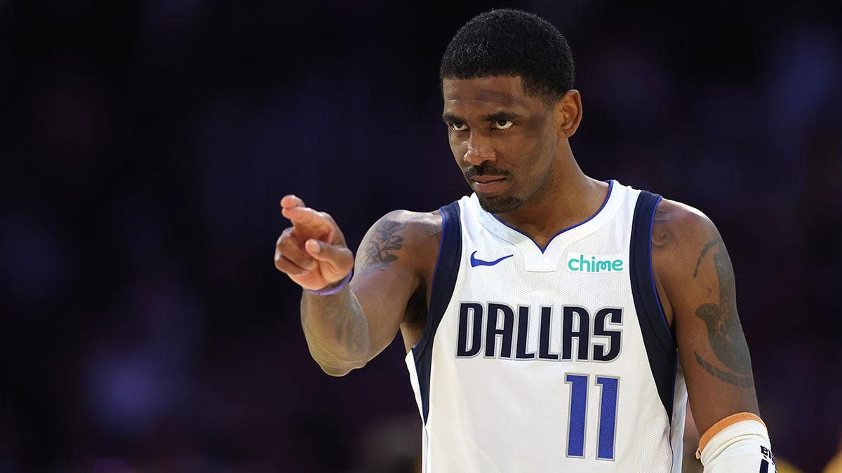 Kyrie Irving of the Dallas Mavericks looks on during a game against the Los Angeles Lakers.