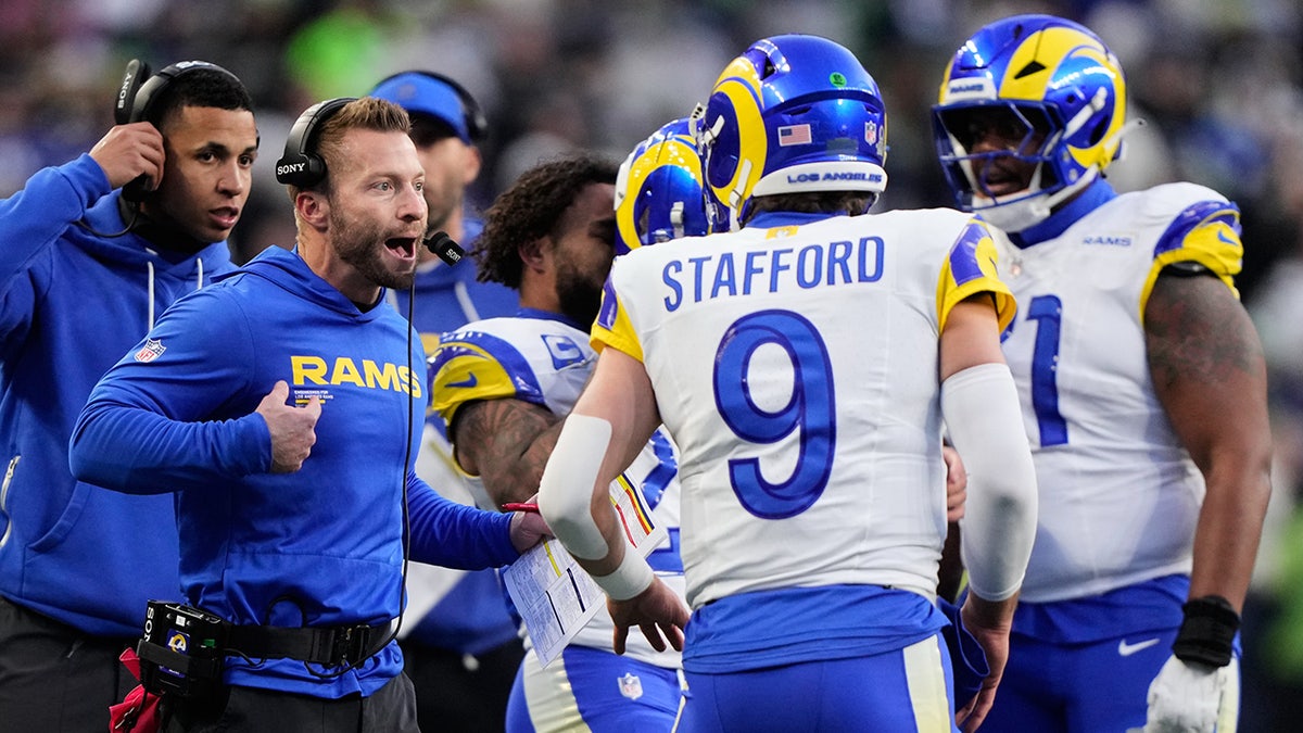 Sean McVay coaches Matthew Stafford during the first half of the NFC Championship NFL football game against the Seattle Seahawks, Sunday, Jan. 25, 2026, in Seattle.
