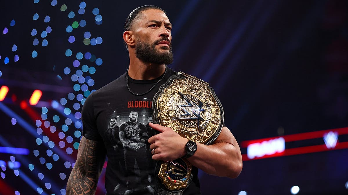 Roman Reigns looks on during Monday Night RAW at Casey's Center.