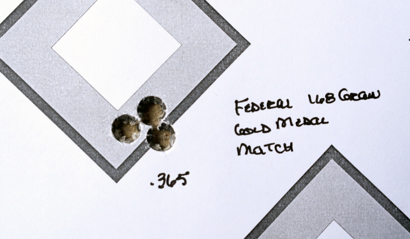 shot placement of Federal 168 grain Gold Medal Match ammo during accuracy testing the Springfield Armory Model 2020 Waypoint with SG-100 Cerakote finish