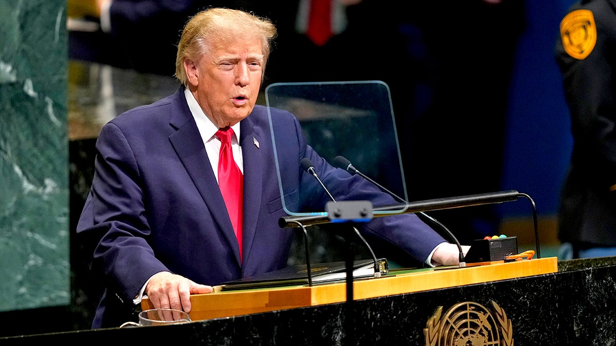 Donald Trump speaks from a podium.