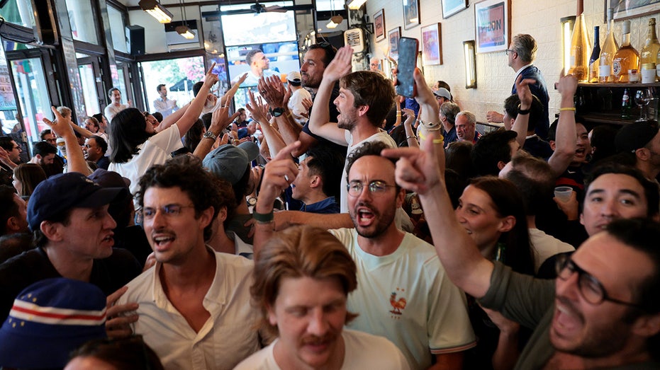 France fans celebrate a goal at a New York abr