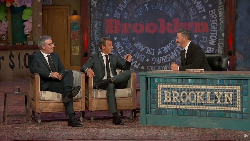 Seth Meyers, John Oliver tell Jimmy Kimmel he’s their ‘bulletproof vest’ when it comes to Trump