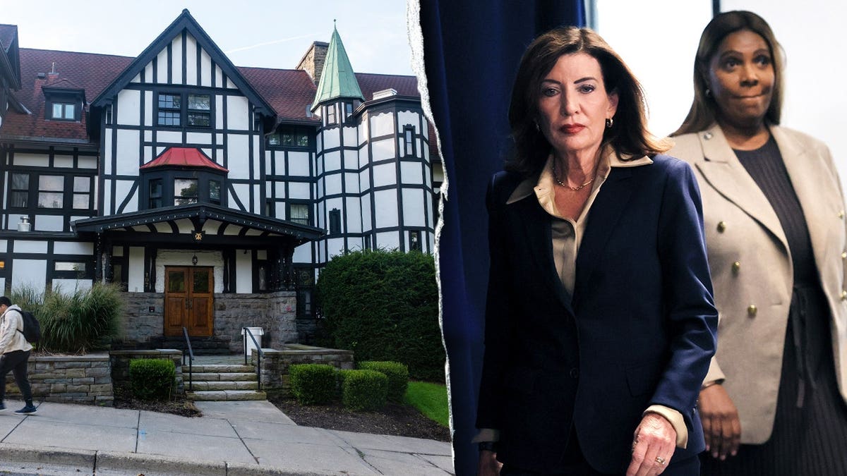 Cornell University Chi Phi fraternity house, left, and New York Gov. Kathy Hochul with Attorney General Letitia James, right.