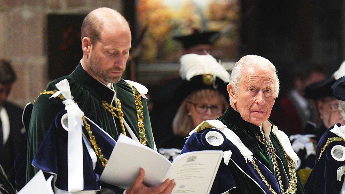 Prince William and King Charles in royal robes looking stern inside a church.