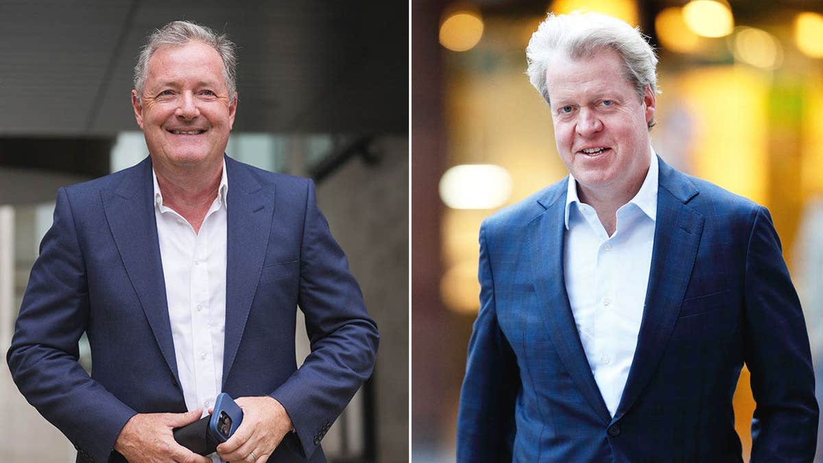 Split side-by-side image of Piers Morgan and Charles Spencer wearing dark blue blazers and white shirts.