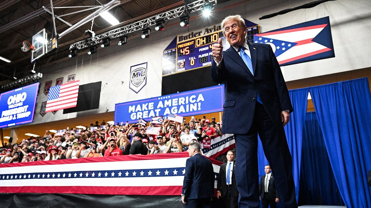 Donald Trump takes the stage at a campaign rally in Vandalia, Ohio.