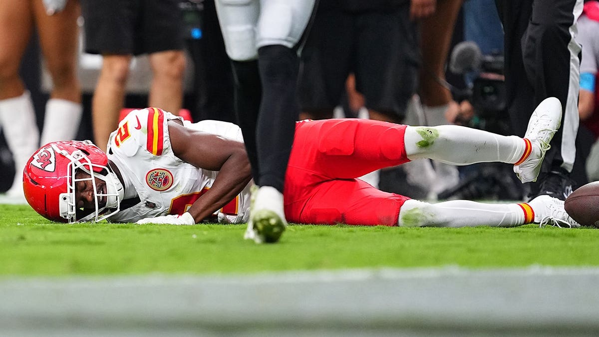 Tyquan Thornton of the Kansas City Chiefs reacts after an injury during a game.